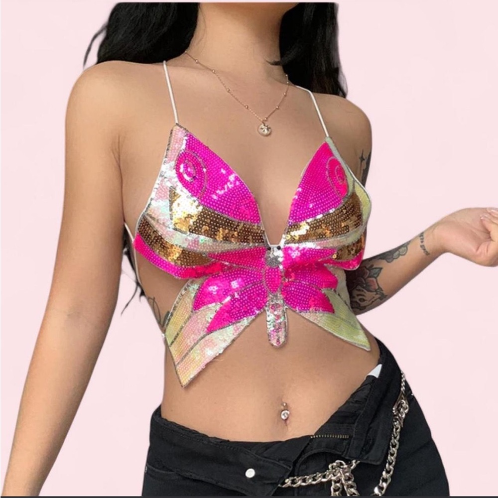 Pink Butterfly Sequin Crop Top — Women